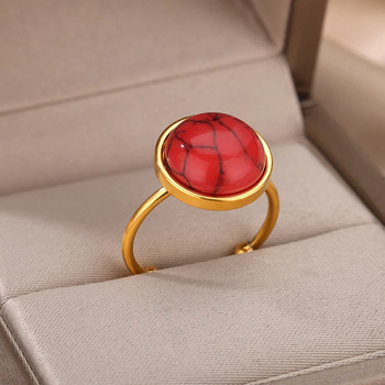 Кръгли пръстени от естествен камък от неръждаема стомана за жени Опал годежен сватбен пръстен Регулируеми Boho ретро бижута Подарък за Нова година