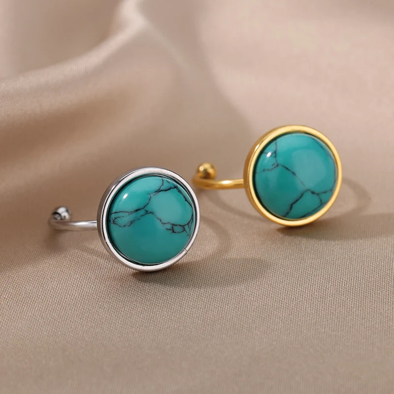 Στρογγυλά δαχτυλίδια από ανοξείδωτο ατσάλι από φυσική πέτρα για γυναίκες Δαχτυλίδι αρραβώνα Opal Ρυθμιζόμενο Πρωτοχρονιάτικο κοσμήματα Boho Vintage