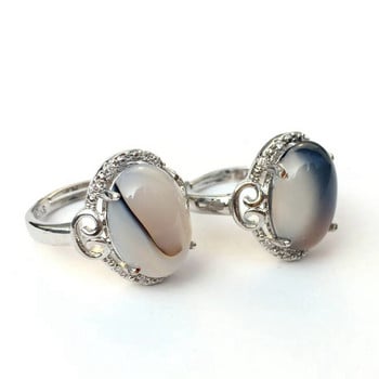 Сребърен овален кристален пръстен за жени, шарки от естествен ахат, регулируем пръстен с халцедон, модни бижута, 1 бр.