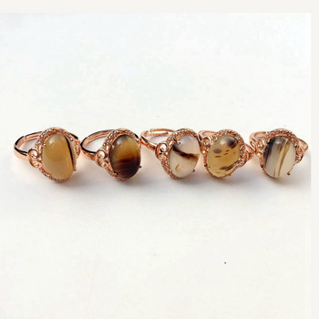 Επάργυρο οβάλ κρυστάλλινο δαχτυλίδι για γυναίκες, φυσικά σχέδια από αχάτη, ρυθμιζόμενο δαχτυλίδι από χαλκηδόνιο, μοντέρνα κοσμήματα, 1 τμχ
