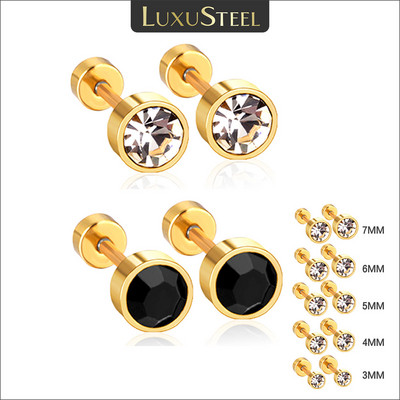 LUXUSTEEL 3mm-7mm melnbalti CZ cirkona auskari sievietēm vīriešiem, skrūvējami kristāla nerūsējošā tērauda rotaslietas bez izbalēšanas bez alerģijām