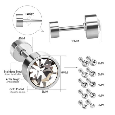 LUXUSTEEL 3mm-7mm melnbalti CZ cirkona auskari sievietēm vīriešiem, skrūvējami kristāla nerūsējošā tērauda rotaslietas bez izbalēšanas bez alerģijām