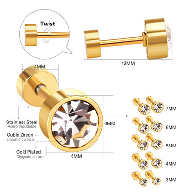 LUXUSTEEL 3mm-7mm melnbalti CZ cirkona auskari sievietēm vīriešiem, skrūvējami kristāla nerūsējošā tērauda rotaslietas bez izbalēšanas bez alerģijām