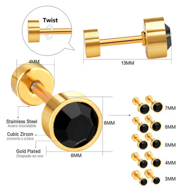 LUXUSTEEL 3mm-7mm melnbalti CZ cirkona auskari sievietēm vīriešiem, skrūvējami kristāla nerūsējošā tērauda rotaslietas bez izbalēšanas bez alerģijām