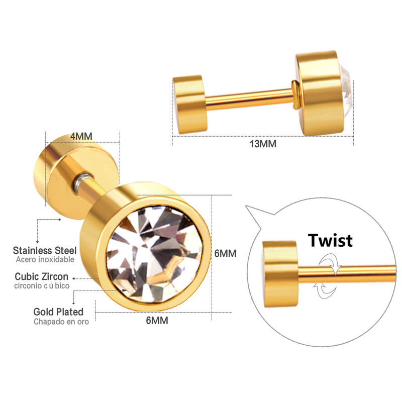 LUXUSTEEL 3mm-7mm melnbalti CZ cirkona auskari sievietēm vīriešiem, skrūvējami kristāla nerūsējošā tērauda rotaslietas bez izbalēšanas bez alerģijām