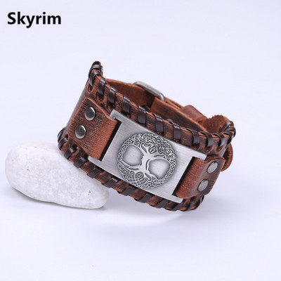 Skyrim Tree of Life Vintage Wrap Wicca metallist nahast käevõru Amulett Reguleeritav mansett Käevõru Vintage Ehted Meestele