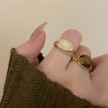 Винтидж отворени пръстени с кафяв циркон за жени, мода за момичета, имитация на естествен камък, геометричен регулируем пръстен, бижута, подарък