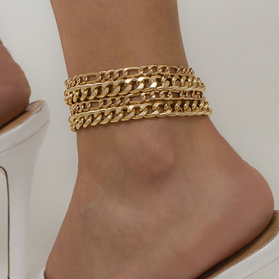 Многослоен комплект метални глезени в златист цвят Дамски 2022 г. ретро боси сандали Летни гривни Бляскави модни бижута за момичета