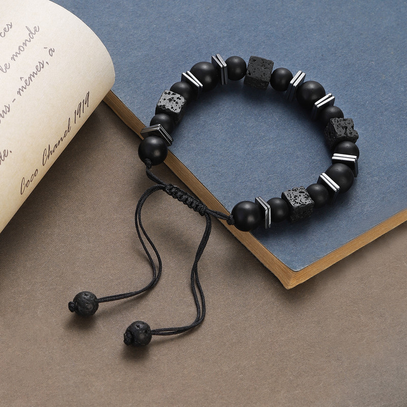 Klasična četvrtasta narukvica od 8 mm od vulkanskog kamena za muškarce, crni, okrugli matirani kamen, podesive narukvice Homme, ručno rađeni nakit