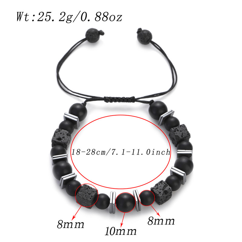 Klasična četvrtasta narukvica od 8 mm od vulkanskog kamena za muškarce, crni, okrugli matirani kamen, podesive narukvice Homme, ručno rađeni nakit