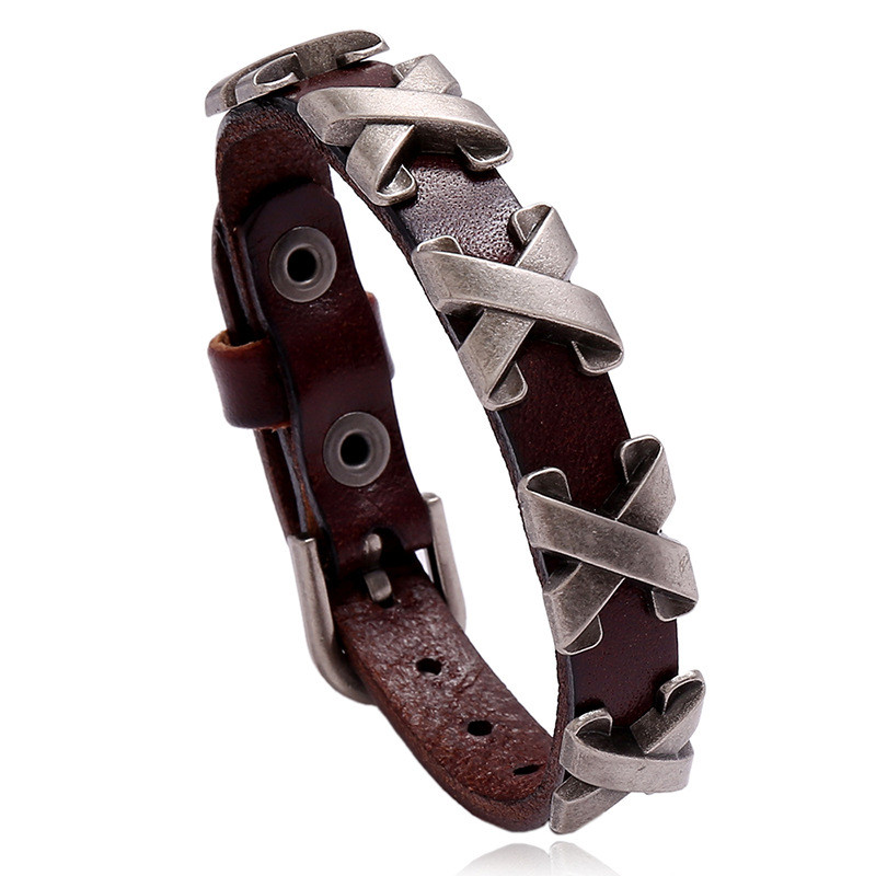 Sulam hõbedane värv X küüned meeste lehmanahast käevõru Retronahast reguleeritav käevõru Meeste tänavaehted Trendikad aksessuaarid