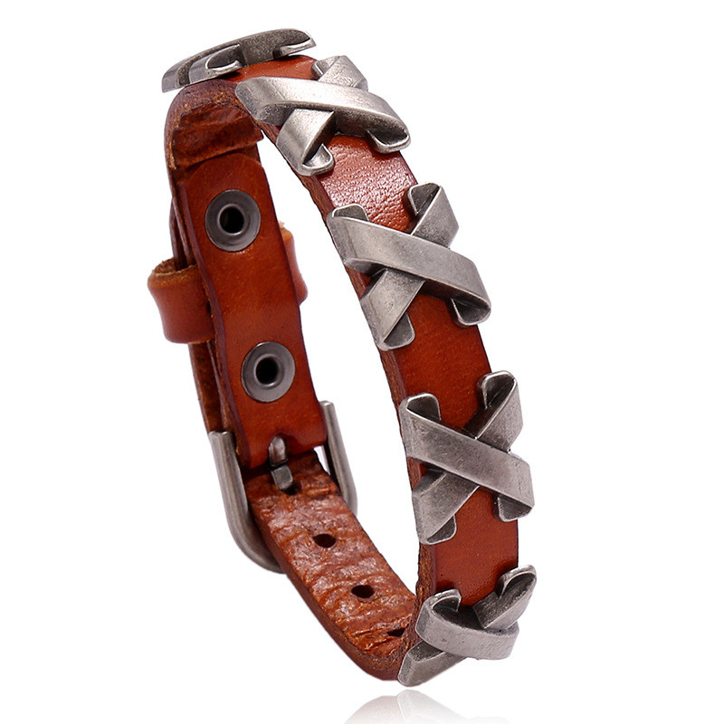 Sulam hõbedane värv X küüned meeste lehmanahast käevõru Retronahast reguleeritav käevõru Meeste tänavaehted Trendikad aksessuaarid