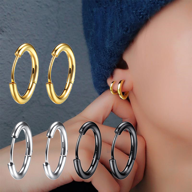 1 pāris panku nerūsējošā tērauda apaļa apaļa loka auskari ar stīpām vīriešiem sievietēm, neizbalināti ausu gredzeni, vīriešu hiphopa rotaslietas