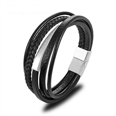 Klasična pletena dvoslojna crna kožna narukvica Metalna narukvica s magnetskom kopčom za muškarce, modni dodaci za zabavu, ležerni dodaci