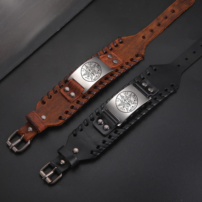 Tetragrammaton Pentagram Amulett Pentacle nahast ümbrisega käevõrud meestele Vana väe Jumala nimi roostevabast terasest Wiccani ehted