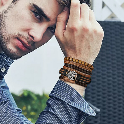 Βραχιόλια Vnox Retro Charm για άνδρες, Δερμάτινο βραχιόλι με στρώσεις, Δερμάτινο βραχιόλι από στοιβαγμένο πλεκτό, Βραχιόλι για αγόρι Punk Rock Casual