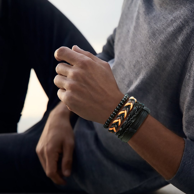 Βραχιόλια Vnox Retro Charm για άνδρες, Δερμάτινο βραχιόλι με στρώσεις, Δερμάτινο βραχιόλι από στοιβαγμένο πλεκτό, Βραχιόλι για αγόρι Punk Rock Casual