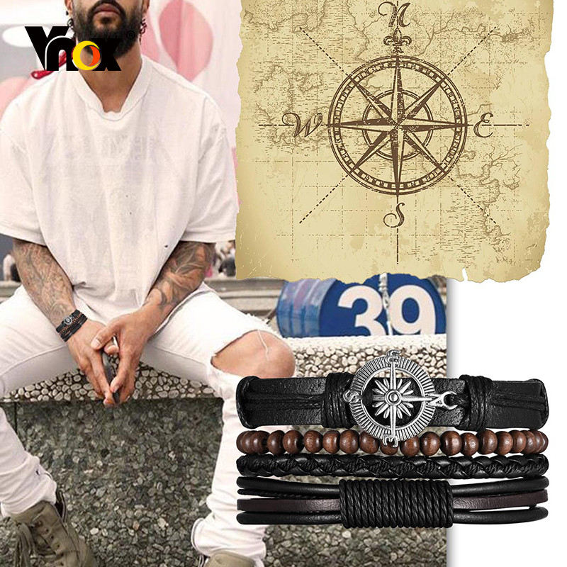 Βραχιόλια Vnox Retro Charm για άνδρες, Δερμάτινο βραχιόλι με στρώσεις, Δερμάτινο βραχιόλι από στοιβαγμένο πλεκτό, Βραχιόλι για αγόρι Punk Rock Casual