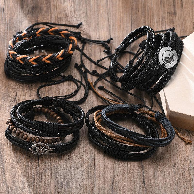 Βραχιόλια Vnox Retro Charm για άνδρες, Δερμάτινο βραχιόλι με στρώσεις, Δερμάτινο βραχιόλι από στοιβαγμένο πλεκτό, Βραχιόλι για αγόρι Punk Rock Casual