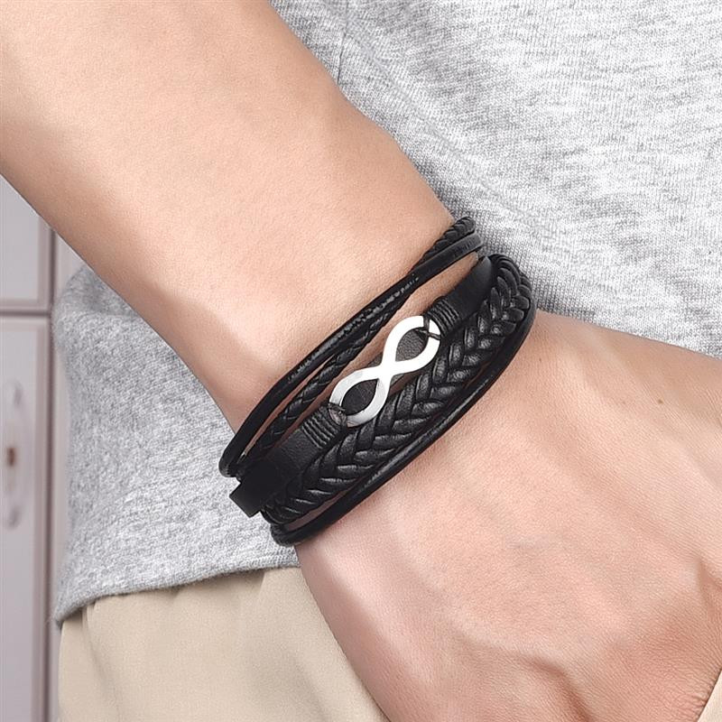 Klassikaline mitmekihiline meeste nahast käevõru roostevabast terasest lõpmatuse sümboliga võlu käevõrud meestele moeehted kingituste hulgimüük