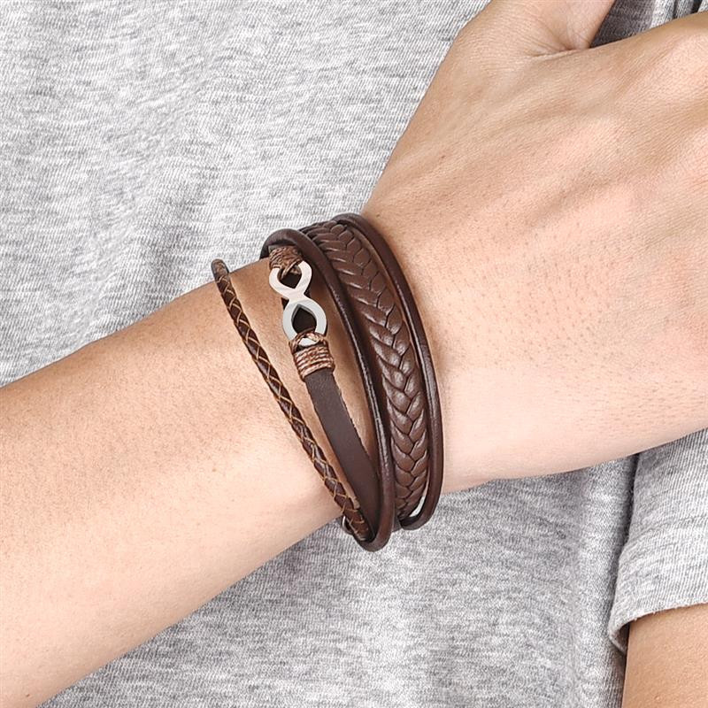 Klassikaline mitmekihiline meeste nahast käevõru roostevabast terasest lõpmatuse sümboliga võlu käevõrud meestele moeehted kingituste hulgimüük