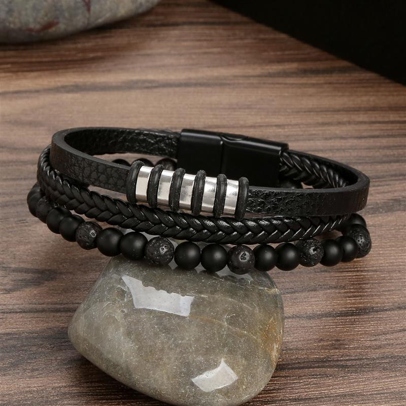 Punk meeste käevõru Mitmekihiline nahast käevõru roostevabast terasest klambriga magnet Trendikas käevõru Brangle ehted meestele kingitus