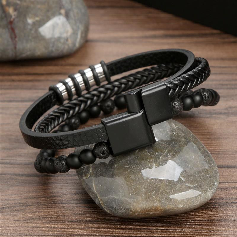 Punk meeste käevõru Mitmekihiline nahast käevõru roostevabast terasest klambriga magnet Trendikas käevõru Brangle ehted meestele kingitus