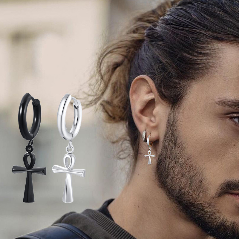 Egiptuse Ankh Cross kõrvarõngad meestele, roostevabast terasest rõngas Huggie kingitused ehted