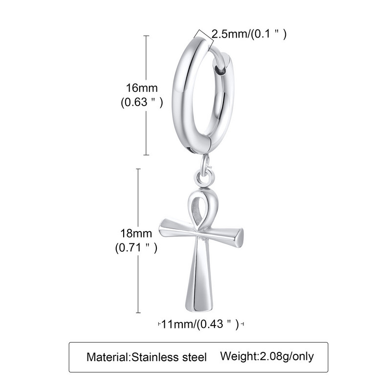 Egiptuse Ankh Cross kõrvarõngad meestele, roostevabast terasest rõngas Huggie kingitused ehted