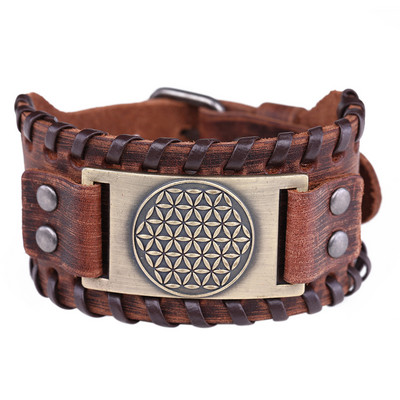 Teamer Retro Flower of Life Mandala Egiptuse laiad nahast käevõrud Wicca Nordic Viking Sacred Amulet Meeste käevõrude hulgimüük