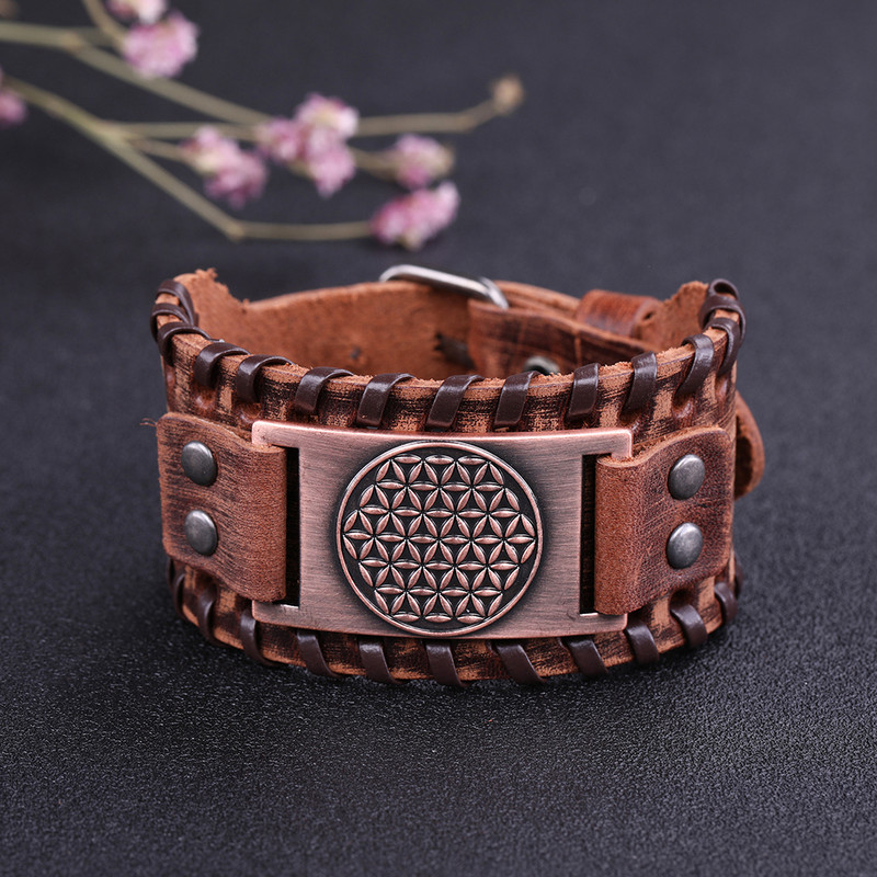 Teamer Retro Flower of Life Mandala Egiptuse laiad nahast käevõrud Wicca Nordic Viking Sacred Amulet Meeste käevõrude hulgimüük