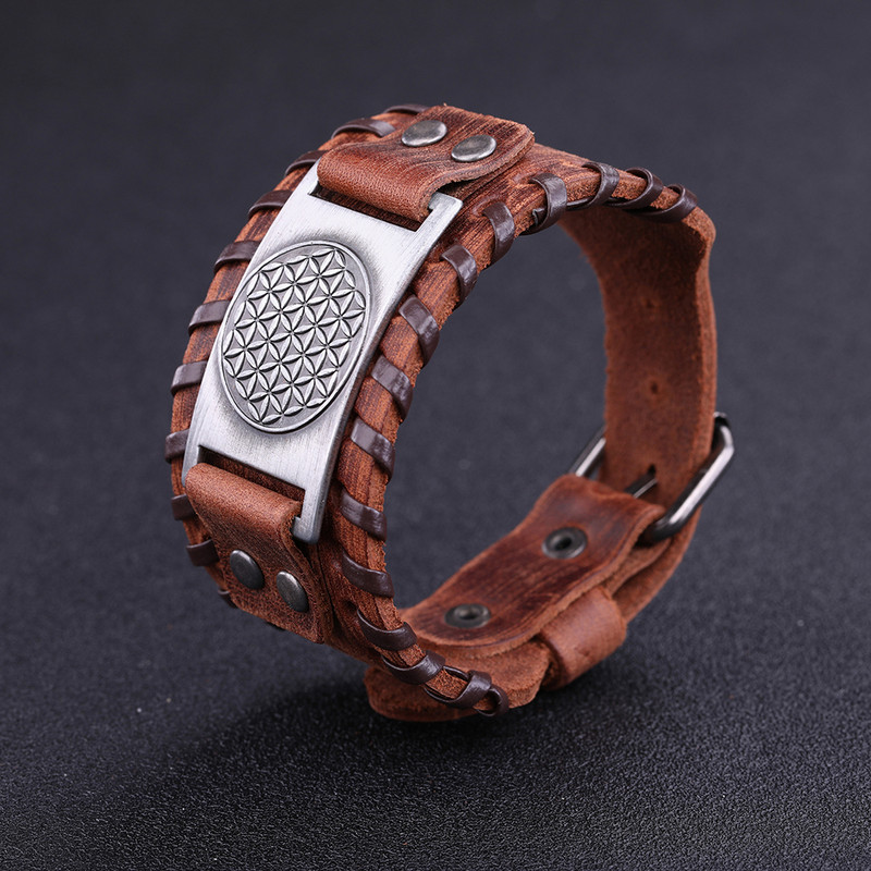 Teamer Retro Flower of Life Mandala Egiptuse laiad nahast käevõrud Wicca Nordic Viking Sacred Amulet Meeste käevõrude hulgimüük