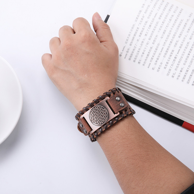 Teamer Retro Flower of Life Mandala Egiptuse laiad nahast käevõrud Wicca Nordic Viking Sacred Amulet Meeste käevõrude hulgimüük