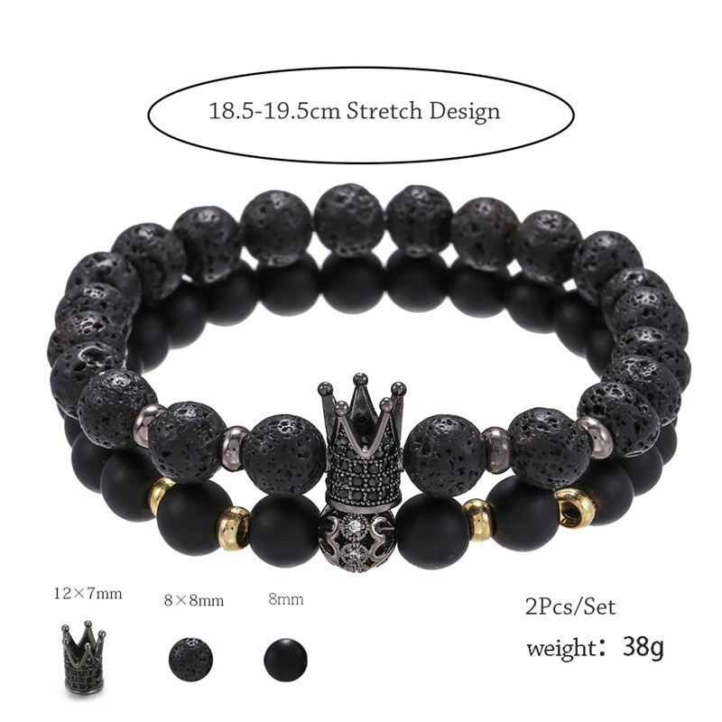 2tk/komplekt Paarid Meeste Käevõrud 8mm Helmed Must Matt Laavakivi Kuninganna King Crown CZ Lovers Käevõrukomplektid Ehted