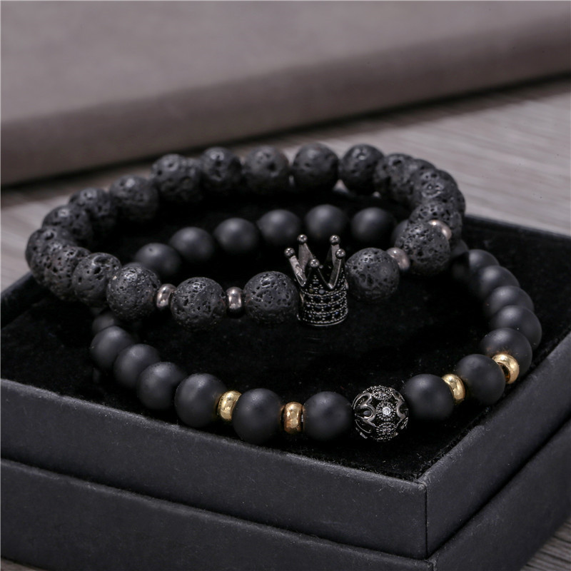 2tk/komplekt Paarid Meeste Käevõrud 8mm Helmed Must Matt Laavakivi Kuninganna King Crown CZ Lovers Käevõrukomplektid Ehted