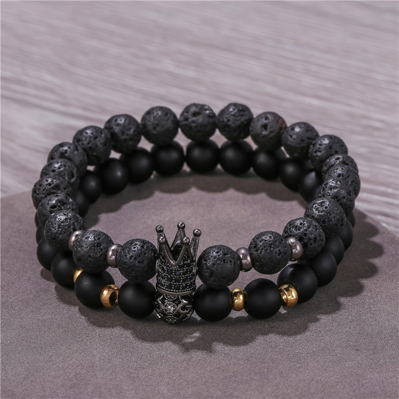 2tk/komplekt Paarid Meeste Käevõrud 8mm Helmed Must Matt Laavakivi Kuninganna King Crown CZ Lovers Käevõrukomplektid Ehted