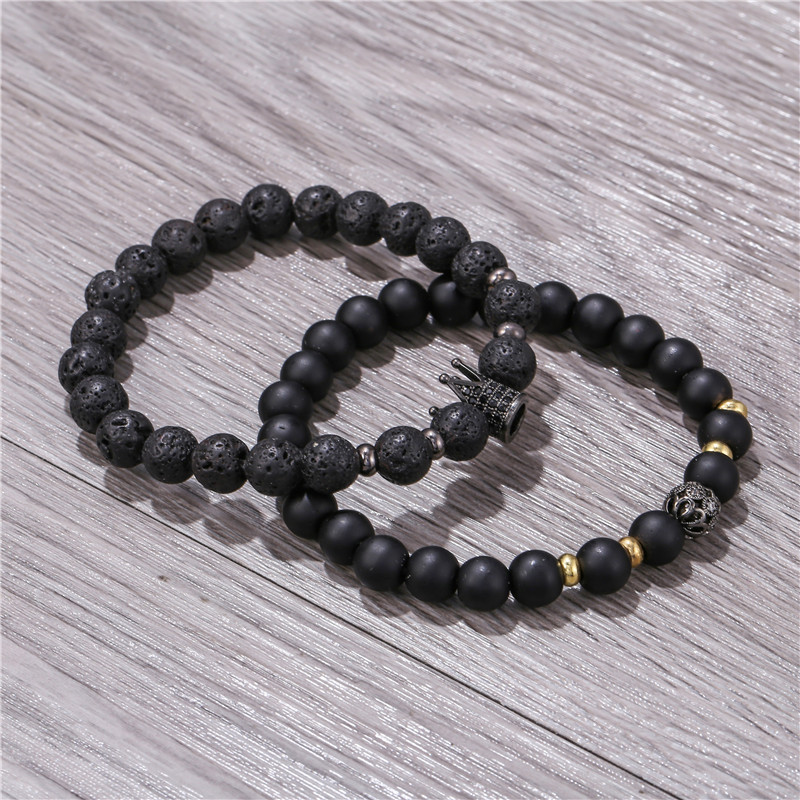 2tk/komplekt Paarid Meeste Käevõrud 8mm Helmed Must Matt Laavakivi Kuninganna King Crown CZ Lovers Käevõrukomplektid Ehted