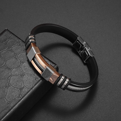 Vīriešu rokassprādze, nerūsējošā tērauda, ikdienas rokassprādze, saliekama sprādze, ūdensizturīga silikona rokassprādze, melna aproce Panka modes rotaslietas