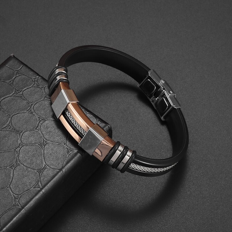 Vīriešu rokassprādze, nerūsējošā tērauda, ikdienas rokassprādze, saliekama sprādze, ūdensizturīga silikona rokassprādze, melna aproce Panka modes rotaslietas