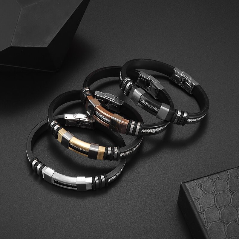 Vīriešu rokassprādze, nerūsējošā tērauda, ikdienas rokassprādze, saliekama sprādze, ūdensizturīga silikona rokassprādze, melna aproce Panka modes rotaslietas