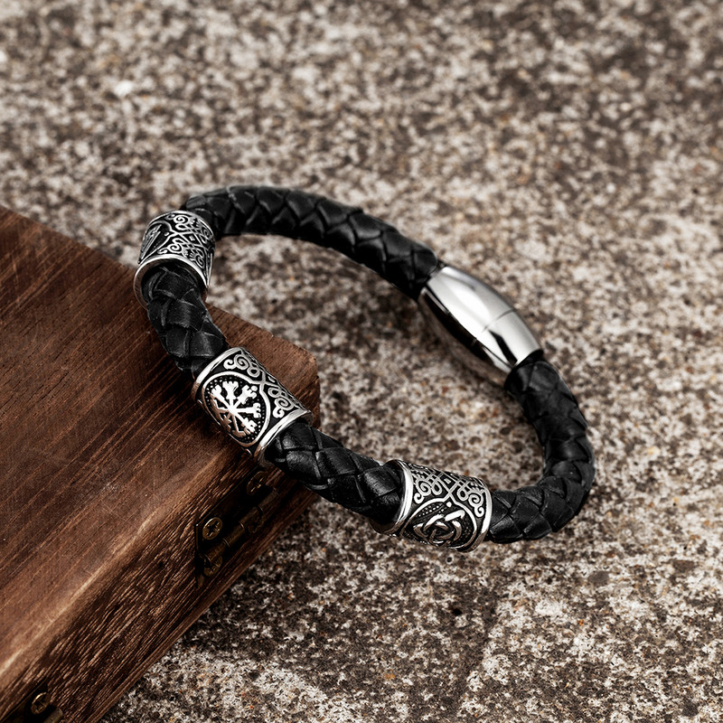 Retro-norra ruunid nahast käevõrud meeste Vegvisir roostevabast terasest viikingi amulett helmed käepael Punk käsitsi valmistatud Islandi ehted