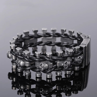 Steampunk Ανδρικό κρανίο μεταλλικό βραχιόλι Cutout Δερμάτινο πλεκτό μανσέτα πόρπη γοτθικό βραχιόλι μοτοσικλέτα Rock μανσέτα κοσμήματα