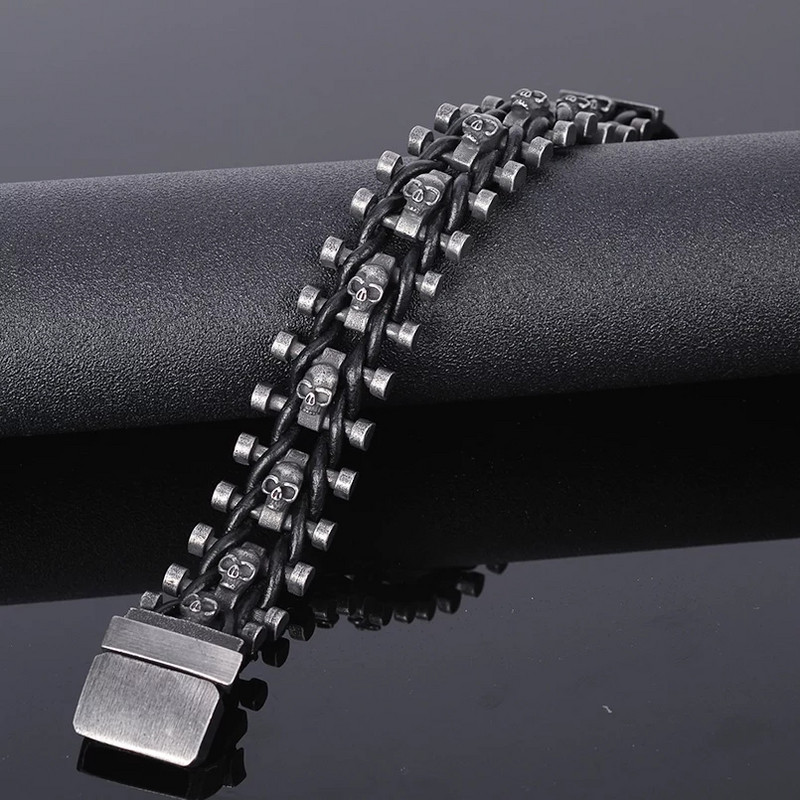 Steampunk Ανδρικό κρανίο μεταλλικό βραχιόλι Cutout Δερμάτινο πλεκτό μανσέτα πόρπη γοτθικό βραχιόλι μοτοσικλέτα Rock μανσέτα κοσμήματα