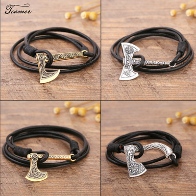 Brățară Teamer Viking pentru bărbați Brățară Axe Wrap Accesorii din piele de culoare aurie Brățară pirat realizată manual pentru cadouri pentru bărbați