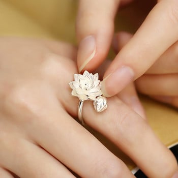 Νέο Μόδα Ασημί Χρώμα Lotus Flower Ανοιχτοί Δαχτυλίδια για Γυναικεία Κομψά Ethnic Ανοιχτό λουλούδι Δώρα κοσμήματα με ρυθμιζόμενο δαχτυλίδι