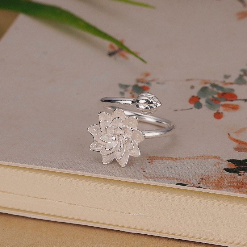 Uus mood hõbedase värviga Lootose lilledega avatud sõrmused naistele, tüdrukutele, elegantsed etnilise lillega avatud reguleeritava rõngaga ehted kingitused