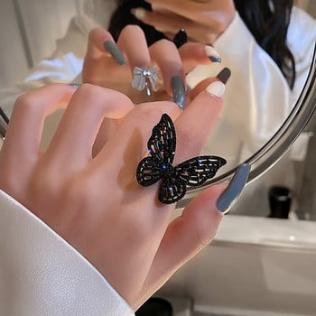 Μυστηριώδη σέξι μαύρα κρυστάλλινα δαχτυλίδια πεταλούδας Κορεατικά κοσμήματα πάρτι μόδας Gothic girl Exaggerated αξεσουάρ για γυναίκα 2022