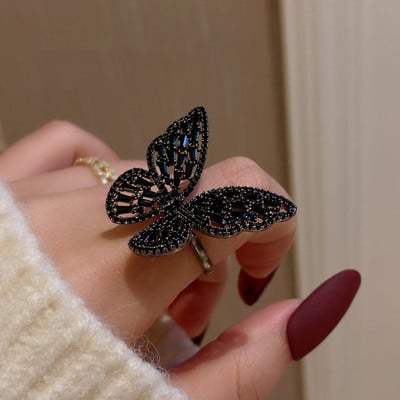 Mysterious Sexy Black Crystal Butterfly Rings Korean Fashion Jewelry Party Gothic Girl Exaggerated Accessories for Woman 2022