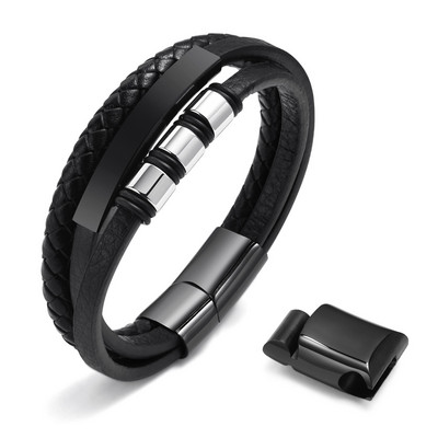 MPraimbow nahast käevõrud meestele poistele, must roostevabast terasest randmepael helmestega, kohandatud meeste käepael, kingituseks ehted