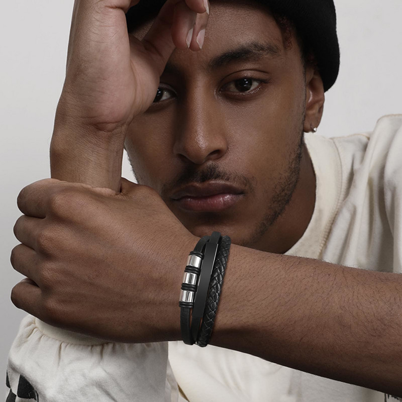 MPraimbow nahast käevõrud meestele poistele, must roostevabast terasest randmepael helmestega, kohandatud meeste käepael, kingituseks ehted